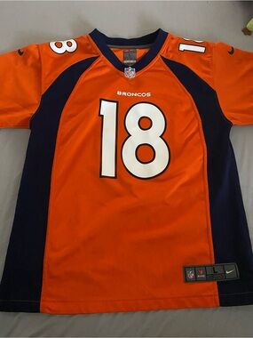 Nike Orange and Navy Broncos #18 Football Jersey